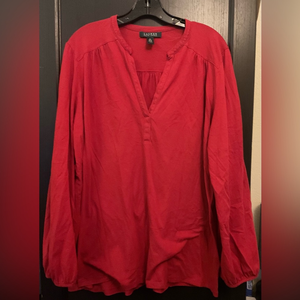 Ralph Lauren Red Long Sleeve V-Neck Blouse- 2x